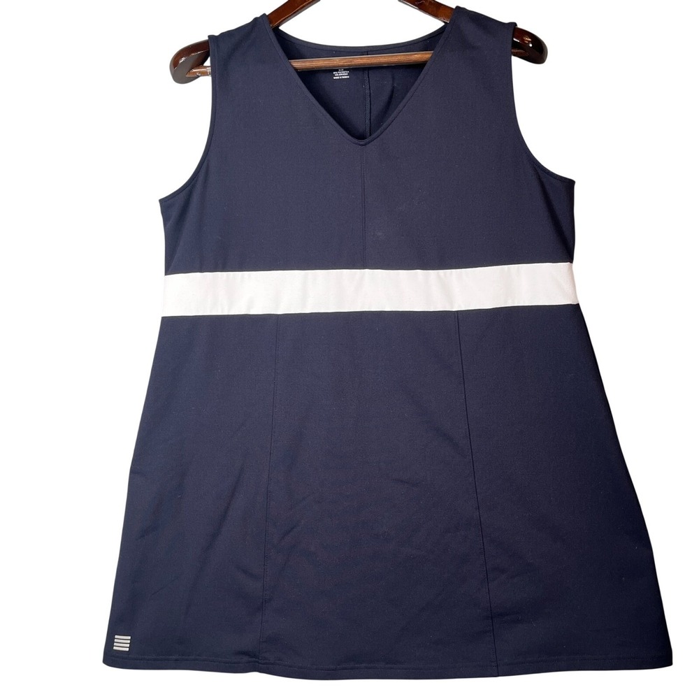 Lands' End Womens XL Plus 18-20 Golf Knit Dress Sleeveless Stretch Navy White
